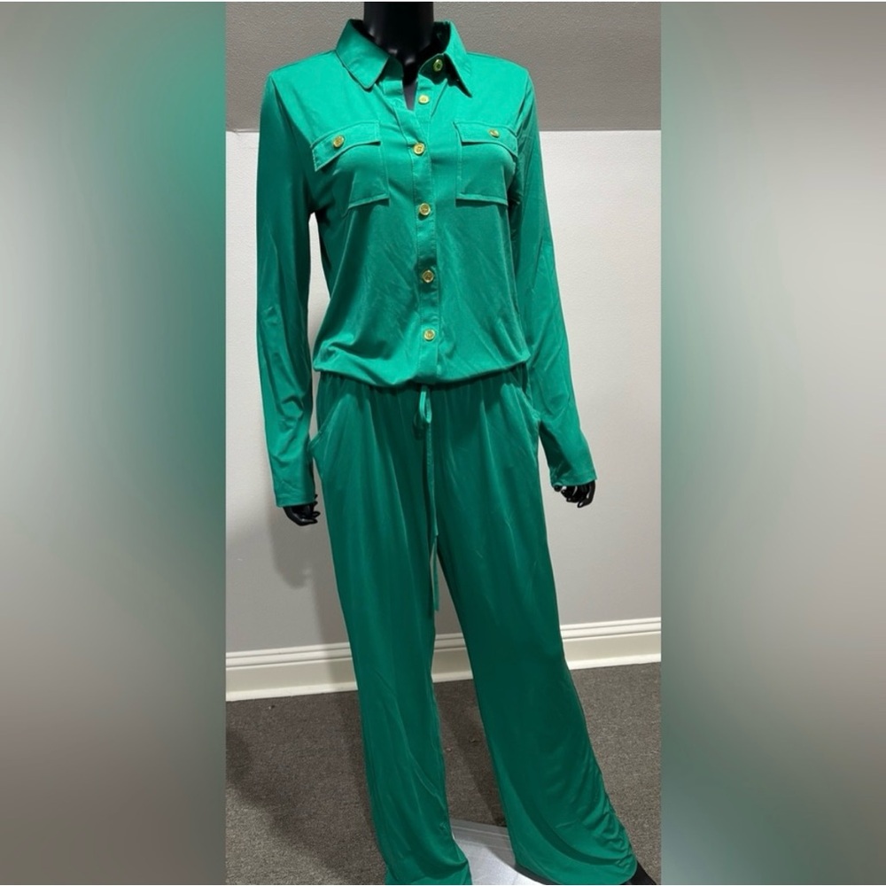 Metro Style green silky pants jumpsuit drawstring waist new nwt Medium Tall